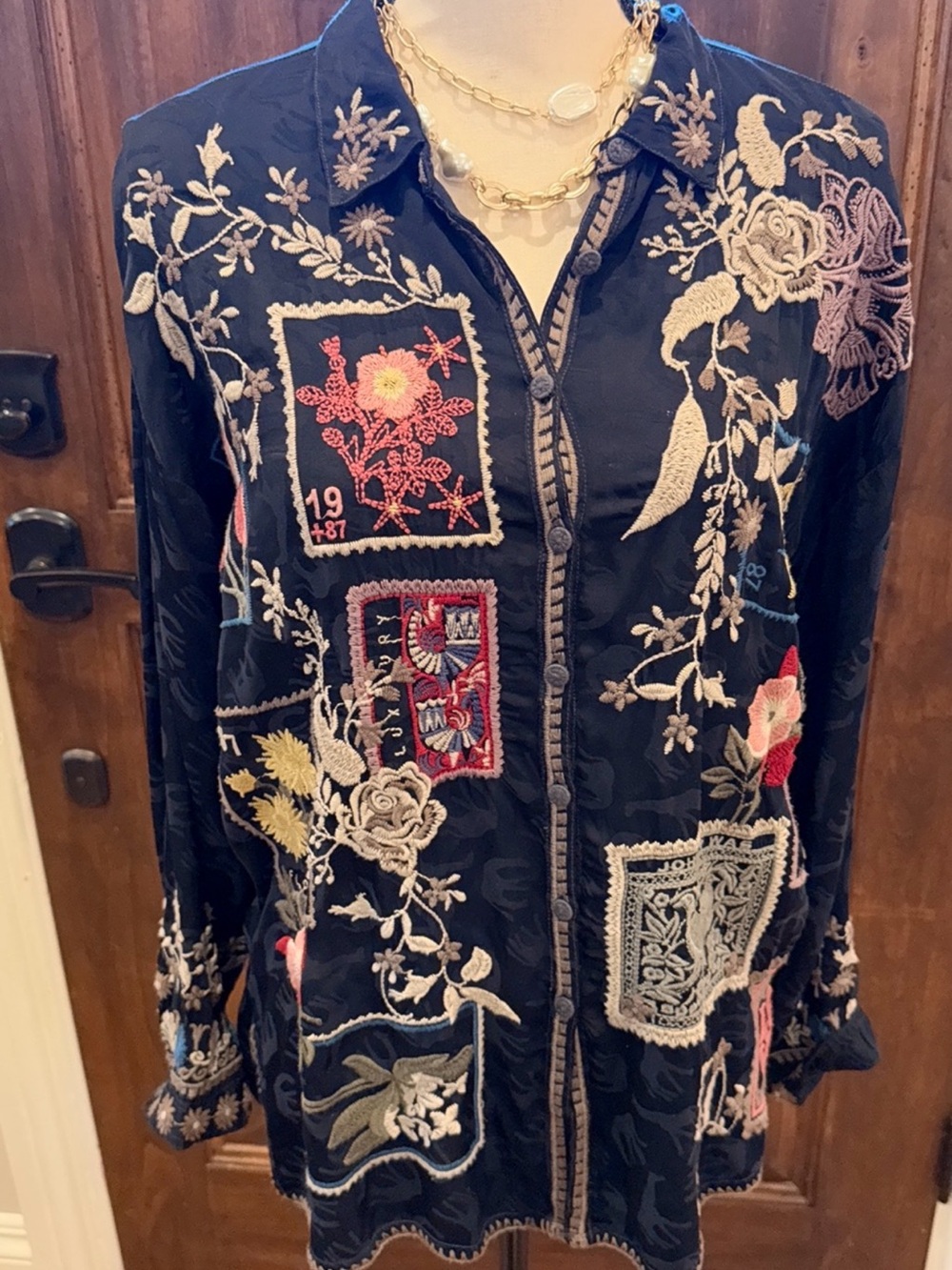 Johnny Was Black Briony Blouse Embroidered Floral Patchwork with Button-Front